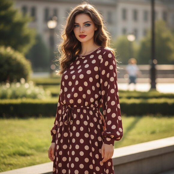 ZARA TRAFALUC Rust Polka Dot Long Sleeve Maxi Dress M Tie Waist Modest Preppy - Picture 1 of 14